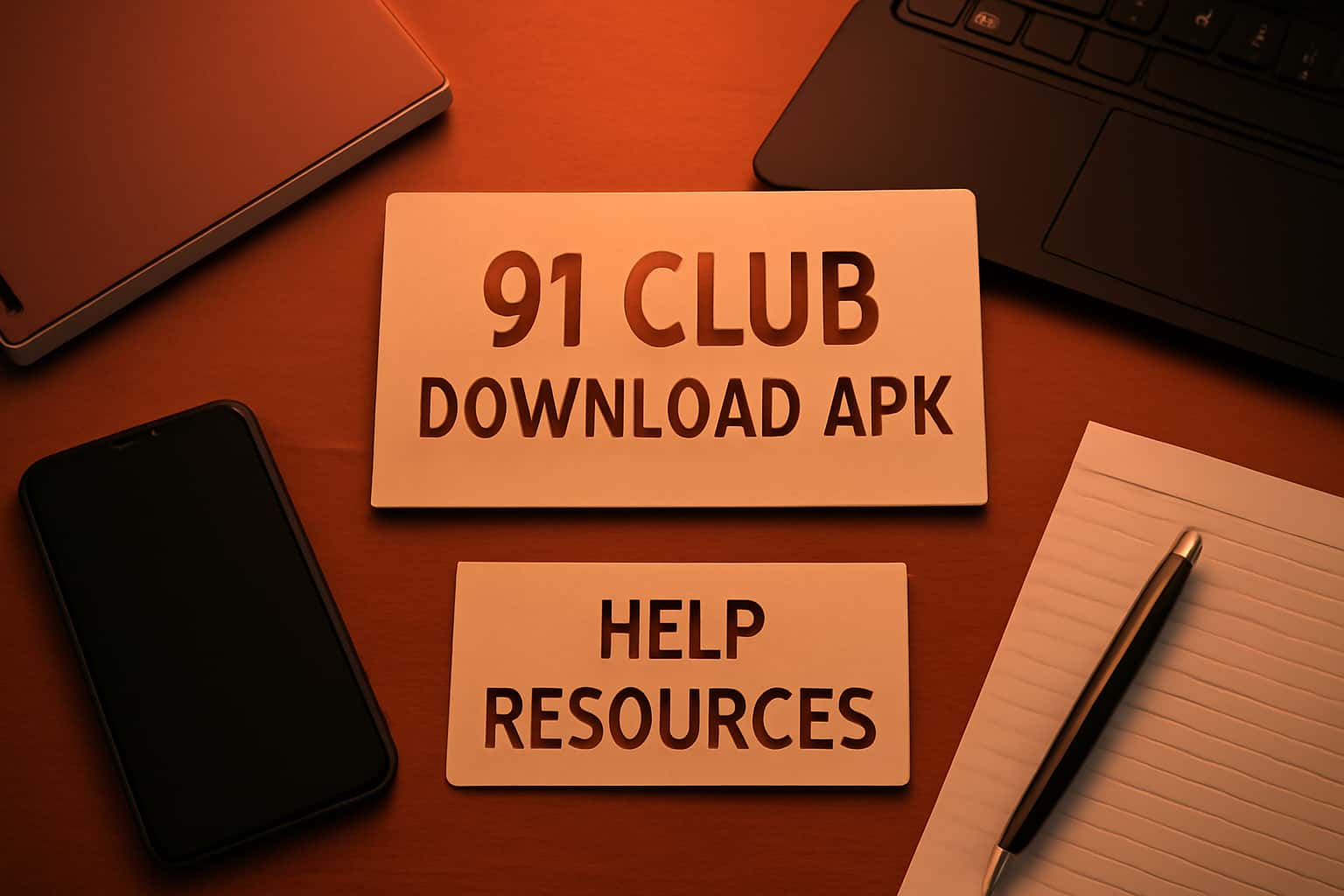A professional scene displaying the 91 Club Download APK Help Resources with a focus on the text.